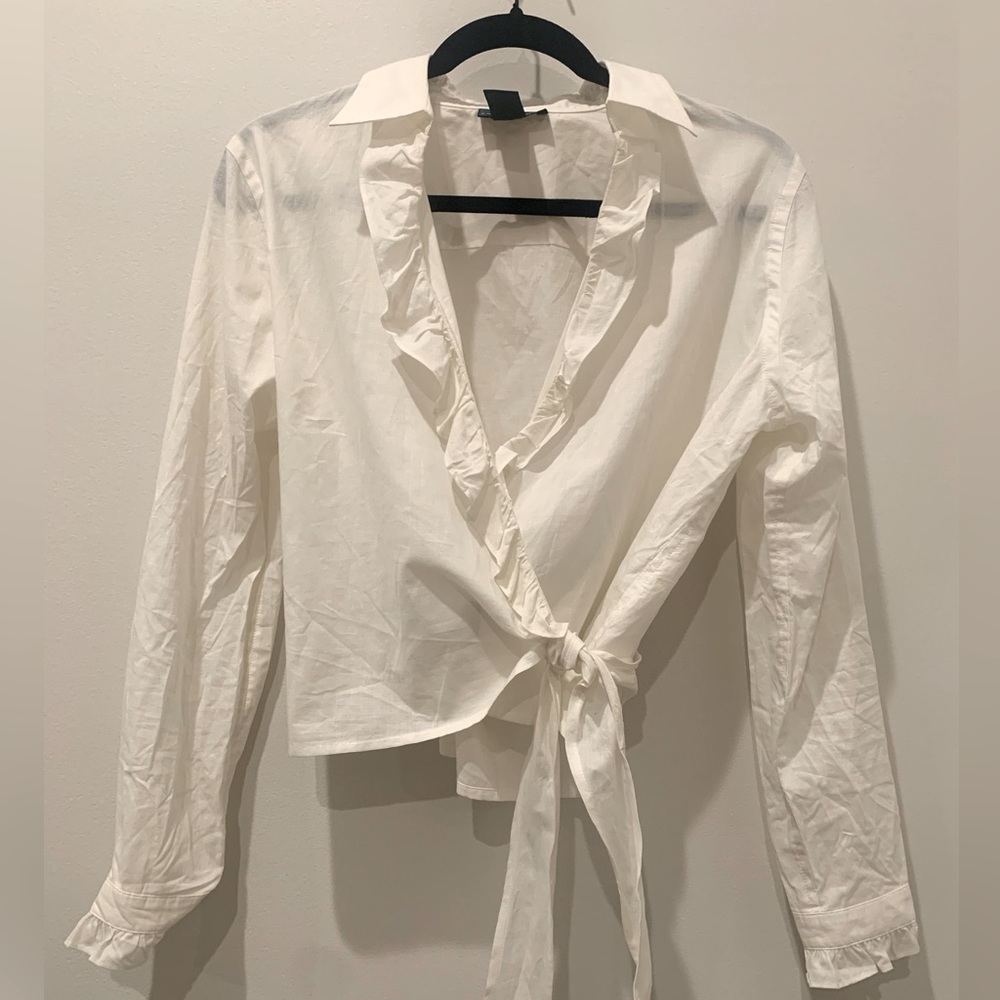 RALPH LAUREN Cotton Blouse with Tie and Ruffled Neckline